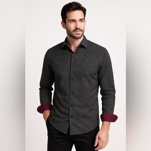 Alex Vando Men’s Micro Paisley Button-Down Shirt L Black Burgundy Contrast Cuffs